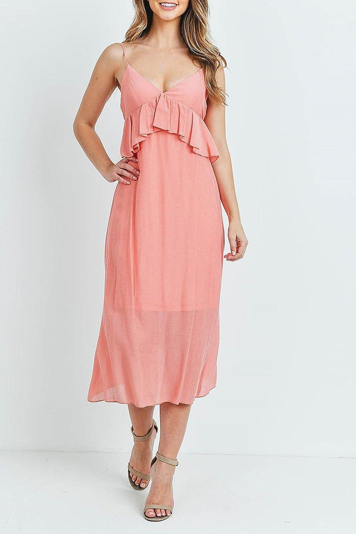 Wholesale Ruffle Accent V-Neck Flare Midi Dress