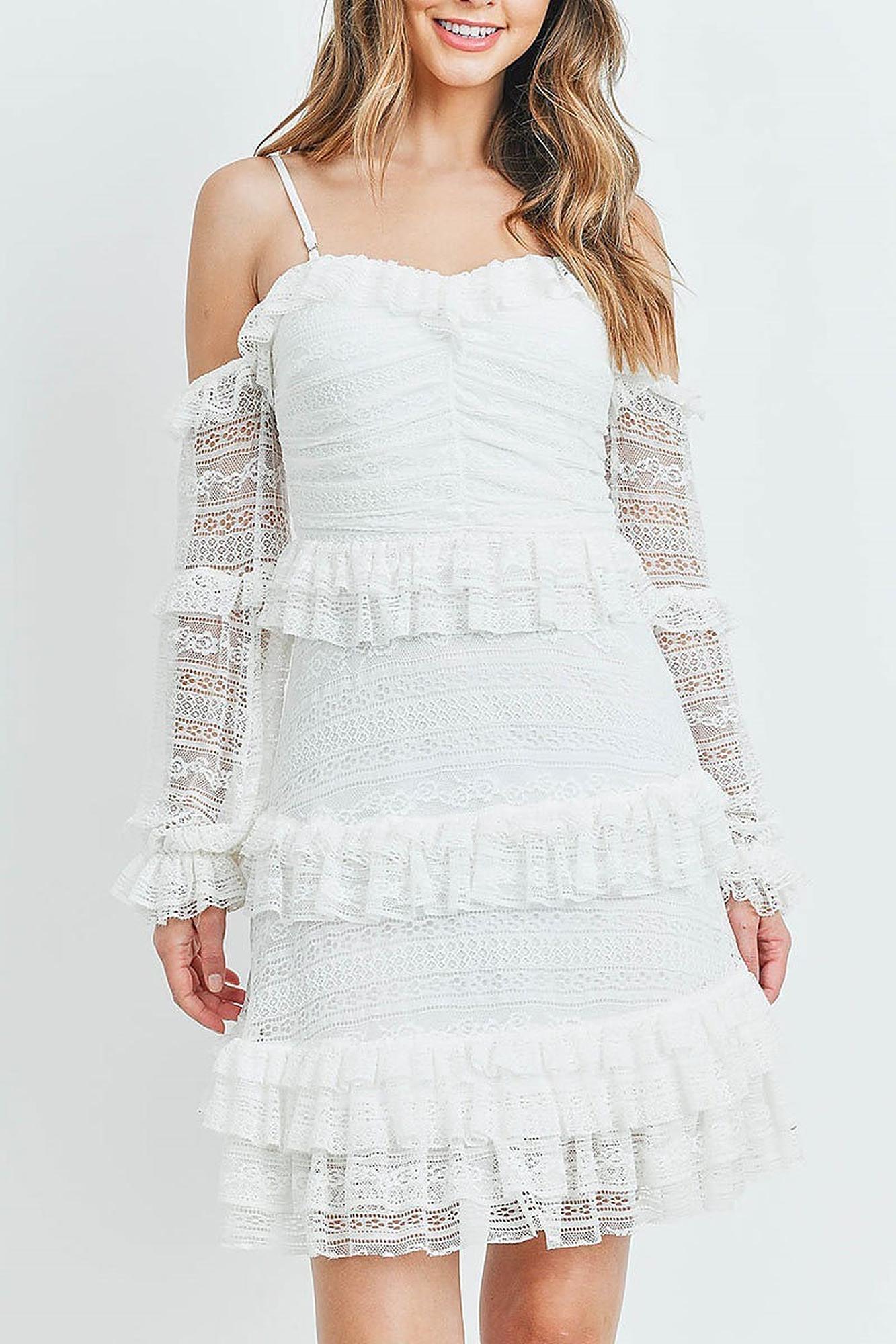Wholesale Tiered Ruffle Off the Shoulder Lace Sleeve Dress
