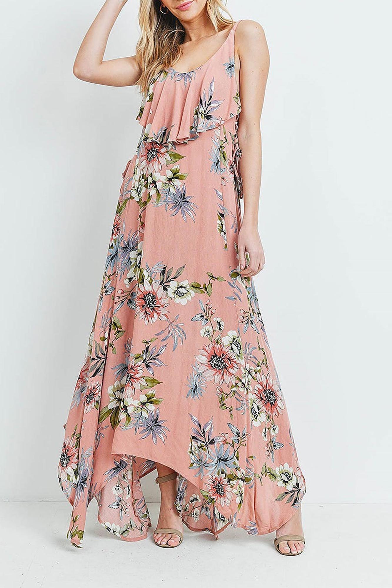 Wholesale Floral  Flounce Asymmetrical Hem Maxi Dress with Crisscross Back