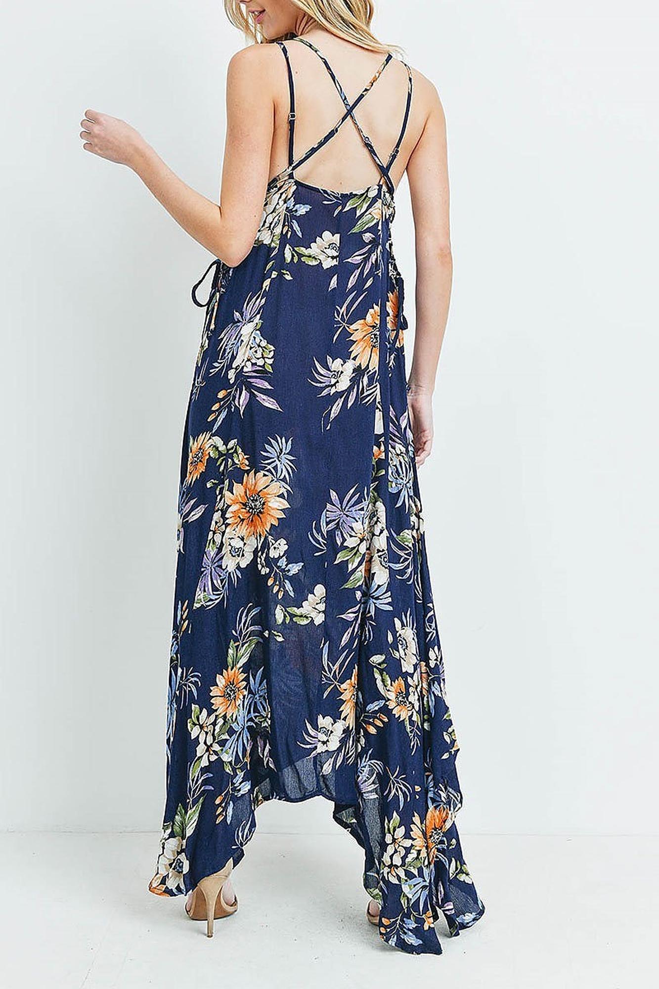 Wholesale Floral  Flounce Asymmetrical Hem Maxi Dress with Crisscross Back