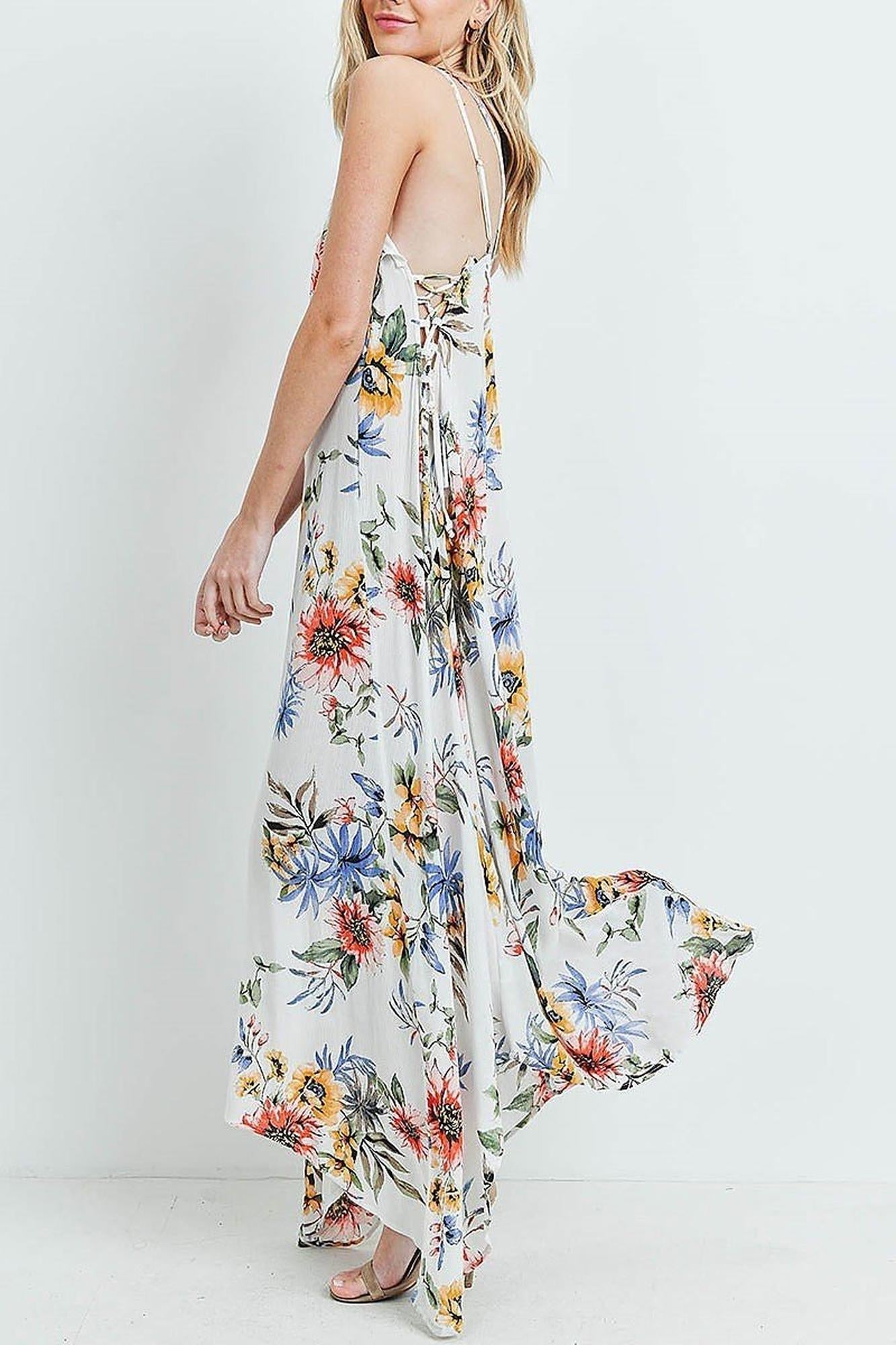 Wholesale Floral  Flounce Asymmetrical Hem Maxi Dress with Crisscross Back