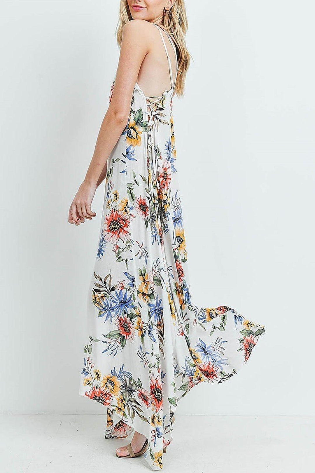 Wholesale Floral  Flounce Asymmetrical Hem Maxi Dress with Crisscross Back