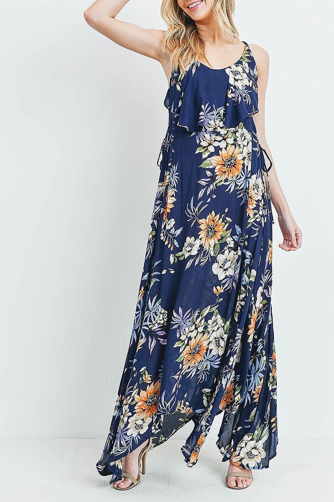 Wholesale Floral  Flounce Asymmetrical Hem Maxi Dress with Crisscross Back