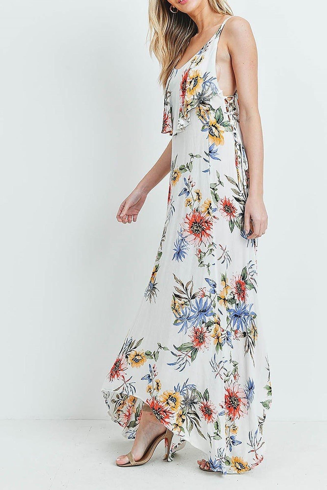 Wholesale Floral  Flounce Asymmetrical Hem Maxi Dress with Crisscross Back