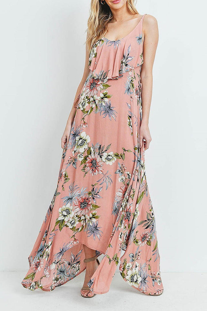Wholesale Floral  Flounce Asymmetrical Hem Maxi Dress with Crisscross Back