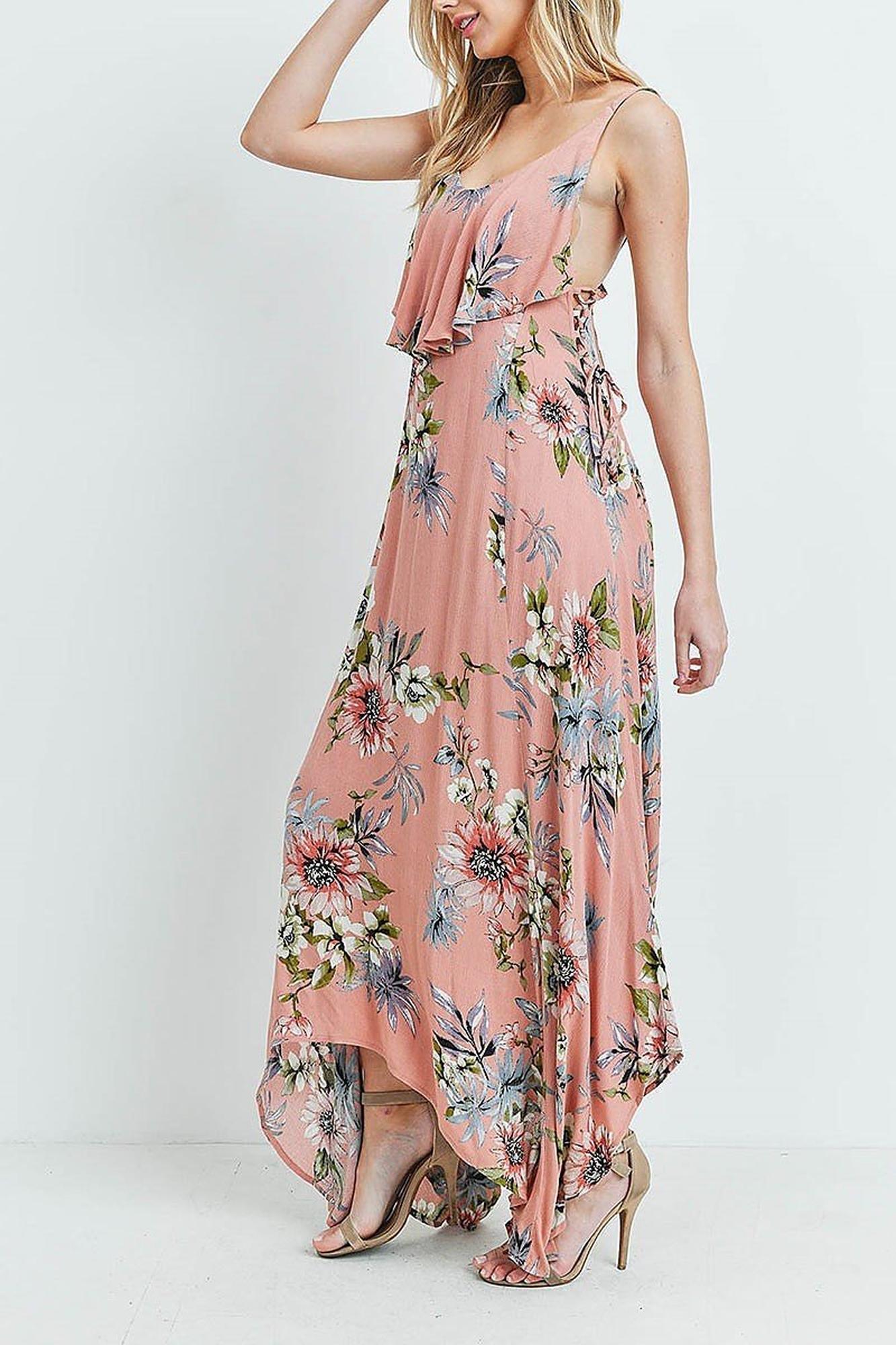 Wholesale Floral  Flounce Asymmetrical Hem Maxi Dress with Crisscross Back