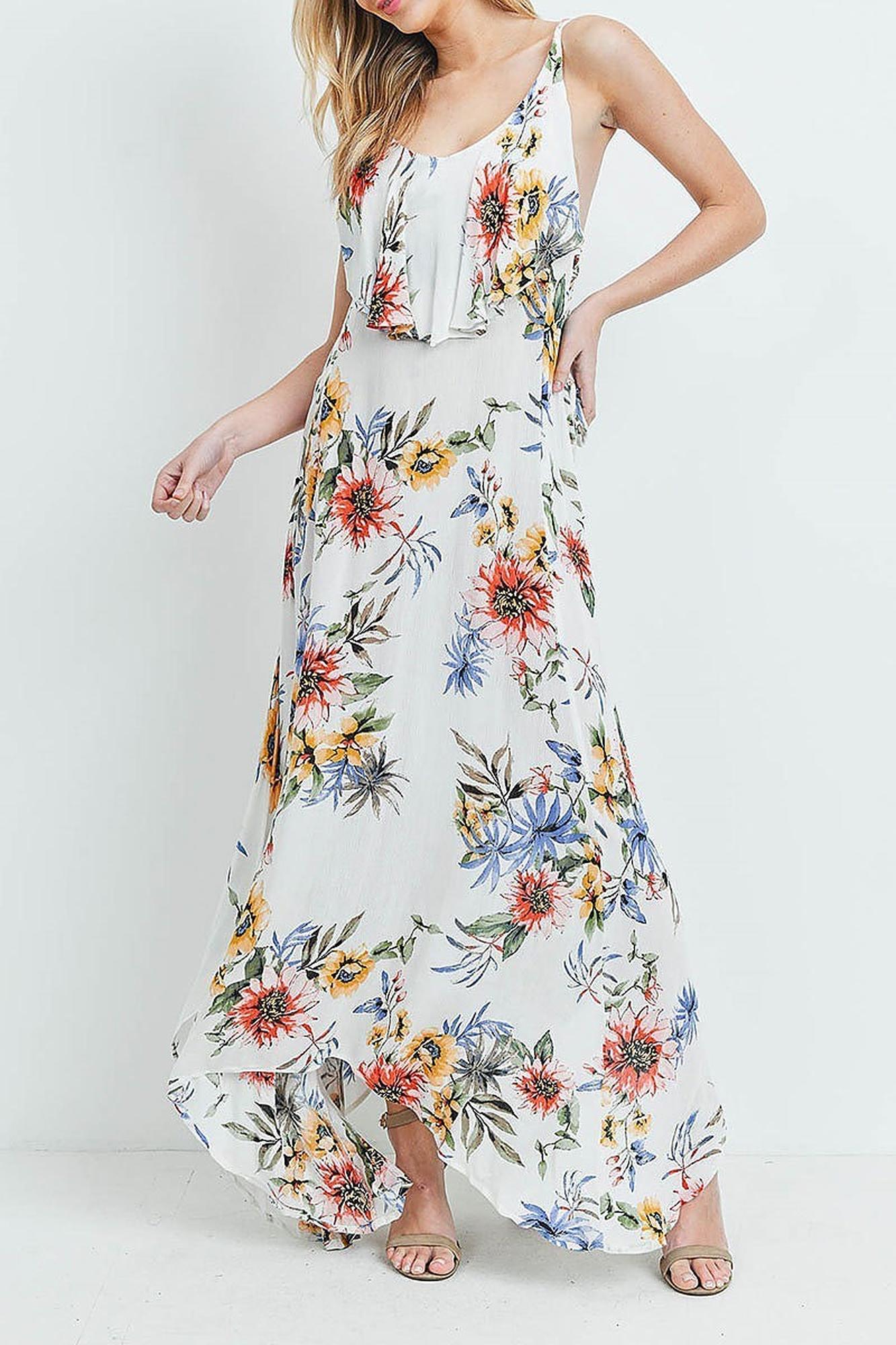 Wholesale Floral  Flounce Asymmetrical Hem Maxi Dress with Crisscross Back