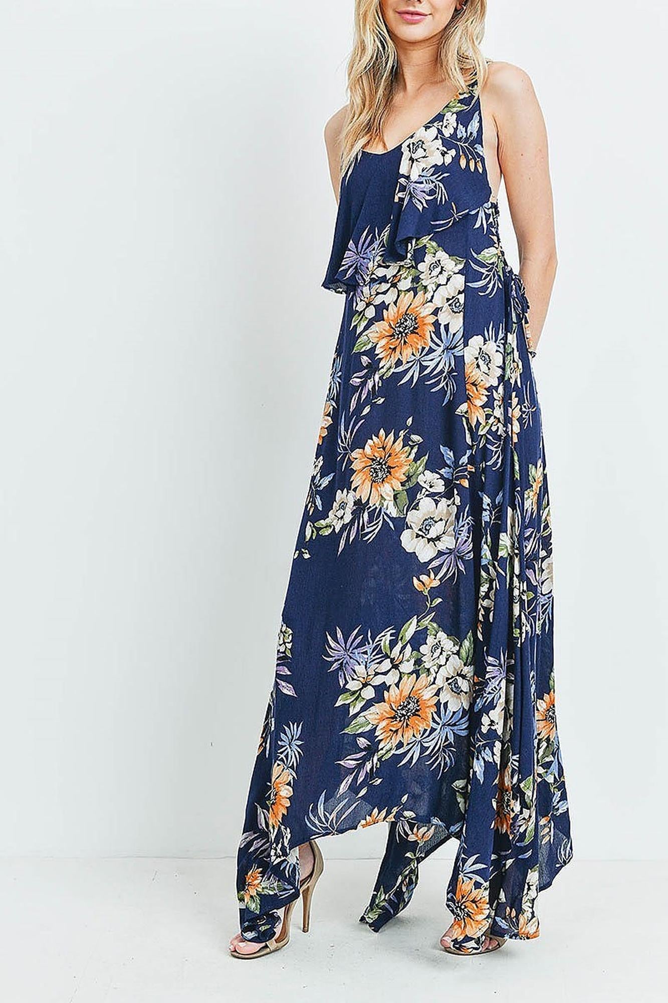 Wholesale Floral  Flounce Asymmetrical Hem Maxi Dress with Crisscross Back