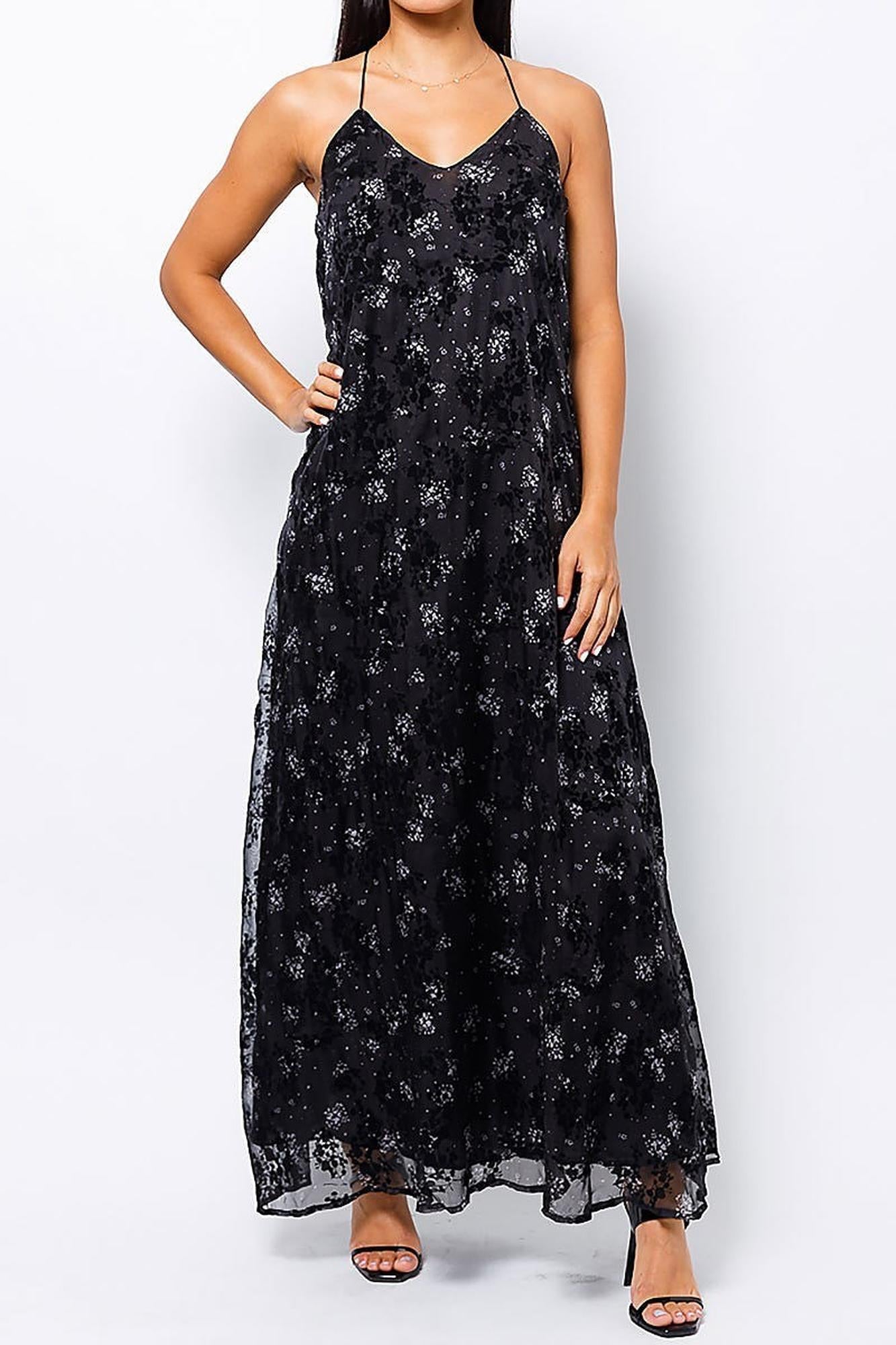 Wholesale Black Floral Burnout Maxi Dress with Lace Accented T Back