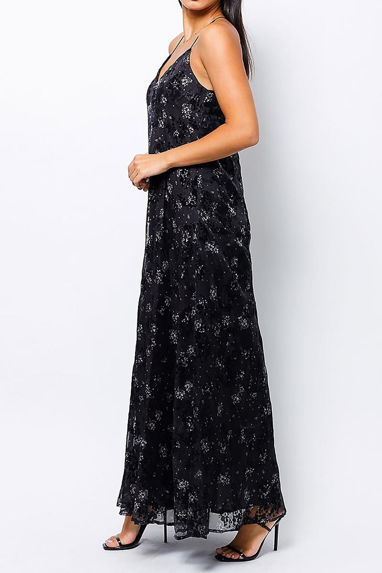 Wholesale Black Floral Burnout Maxi Dress with Lace Accented T Back