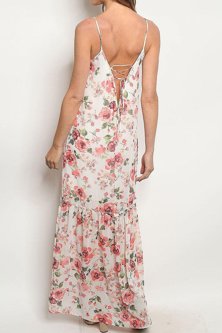 Wholesale Low V Crisscross Back Rose Print Maxi Dress with Spaghetti Straps