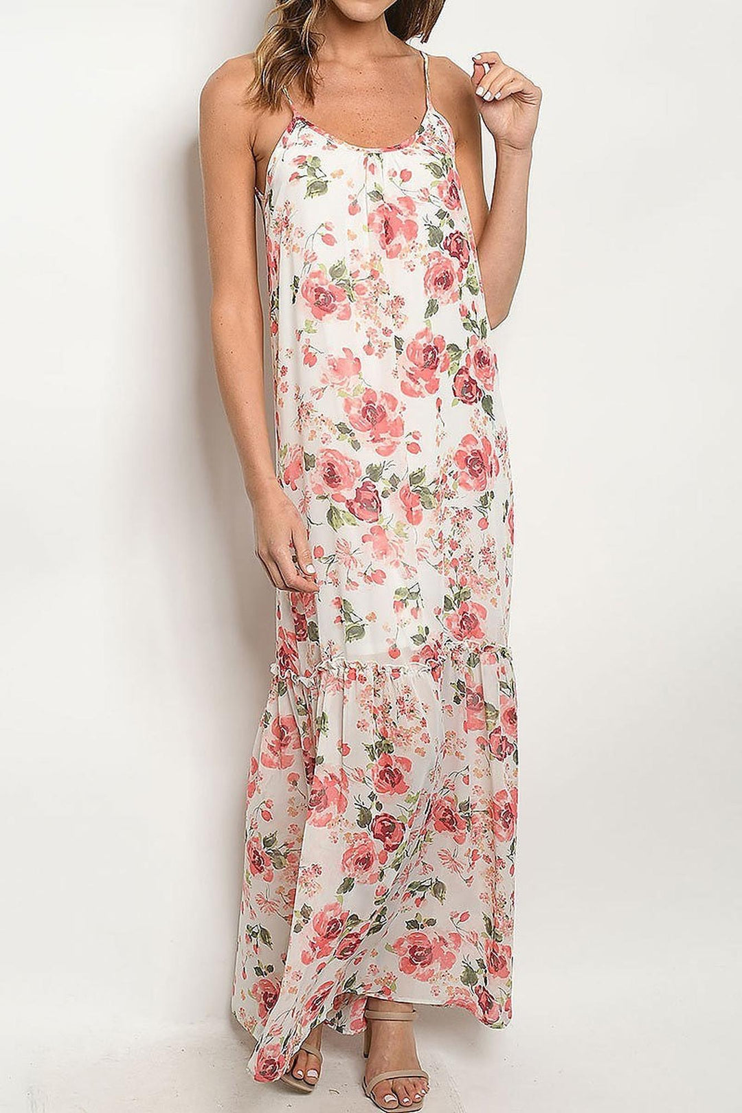 Wholesale Low V Crisscross Back Rose Print Maxi Dress with Spaghetti Straps