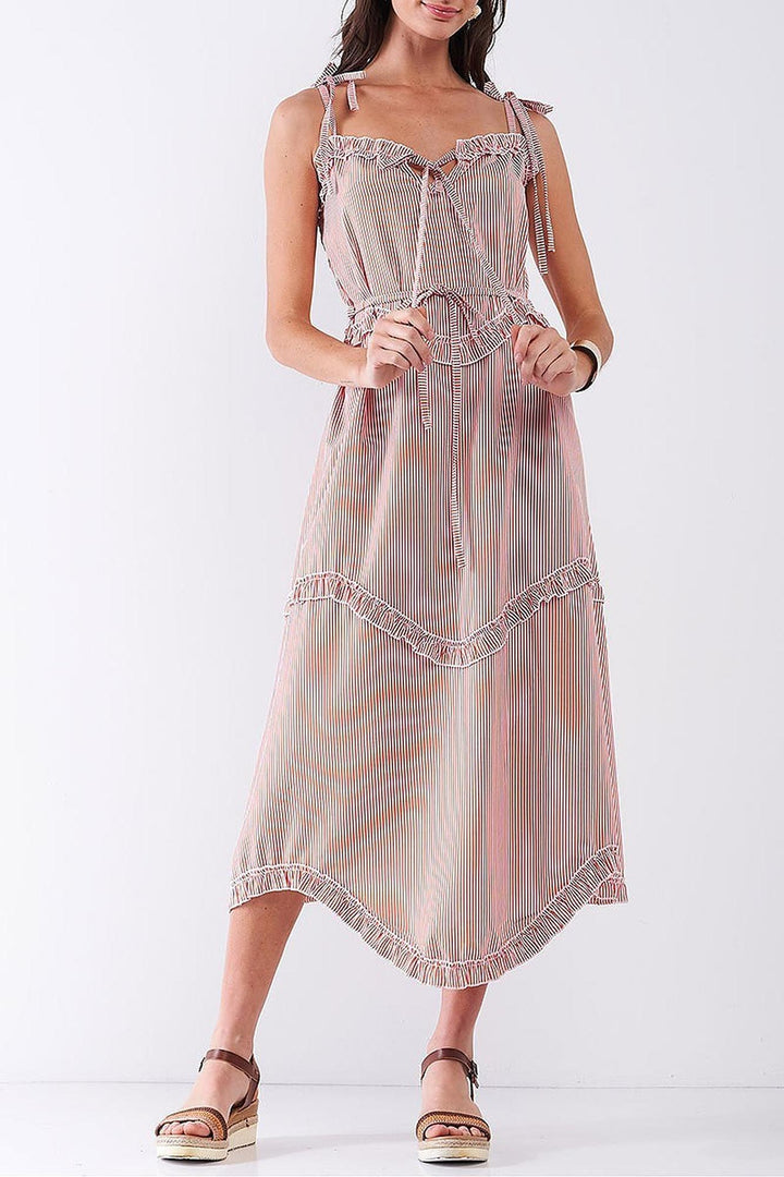 Wholesale Ruffle Accent Striped Tie String Wavy Hem Rayon Midi Dress