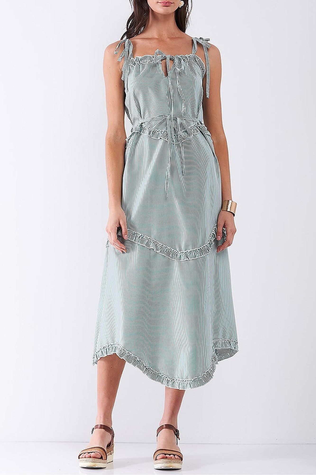 Wholesale Ruffle Accent Striped Tie String Wavy Hem Rayon Midi Dress