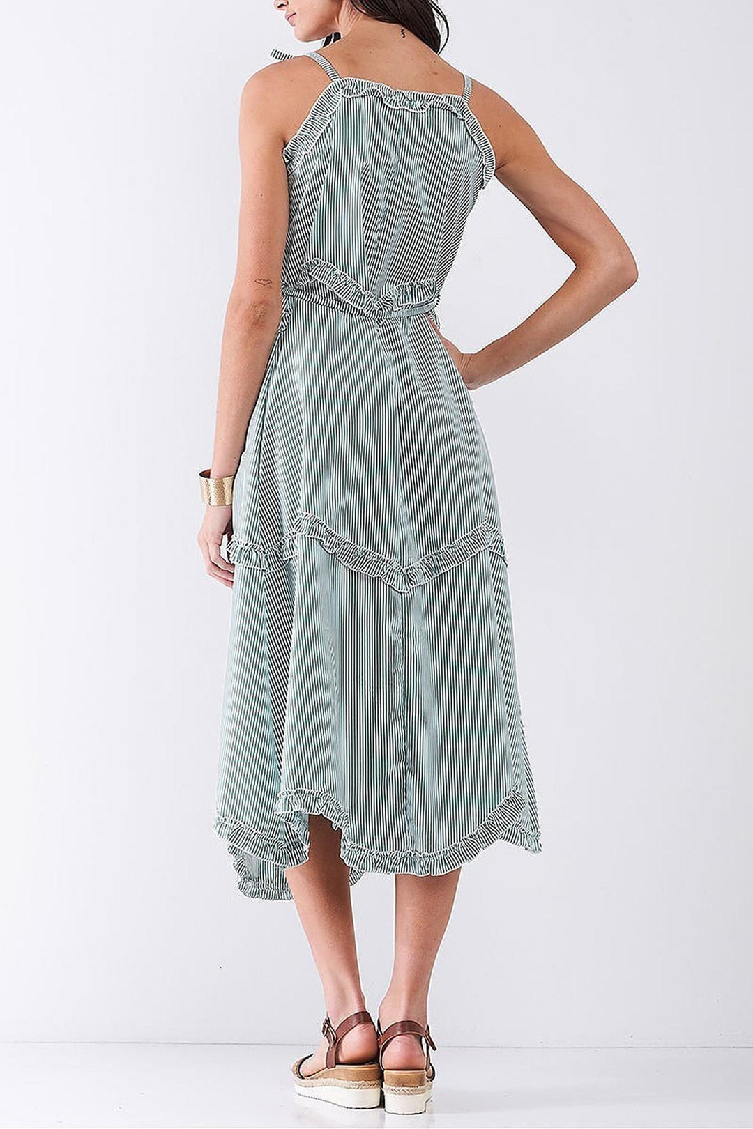 Wholesale Ruffle Accent Striped Tie String Wavy Hem Rayon Midi Dress