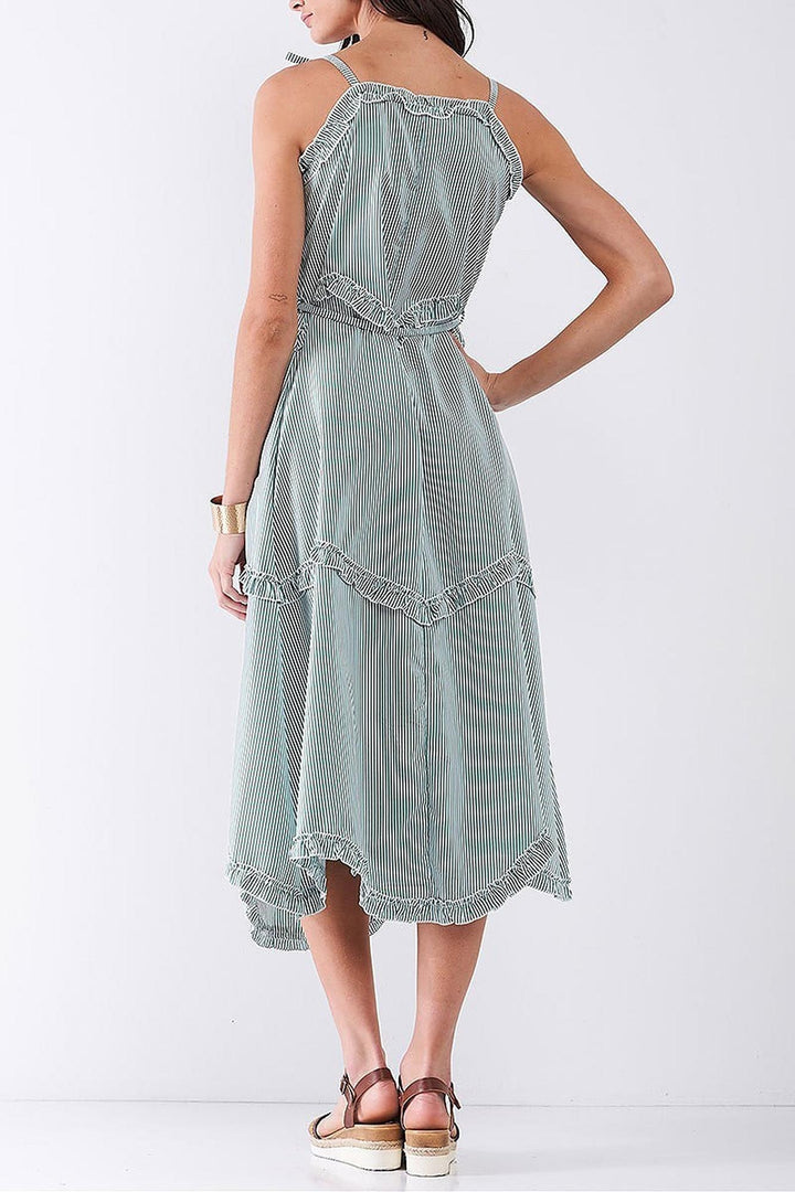 Wholesale Ruffle Accent Striped Tie String Wavy Hem Rayon Midi Dress