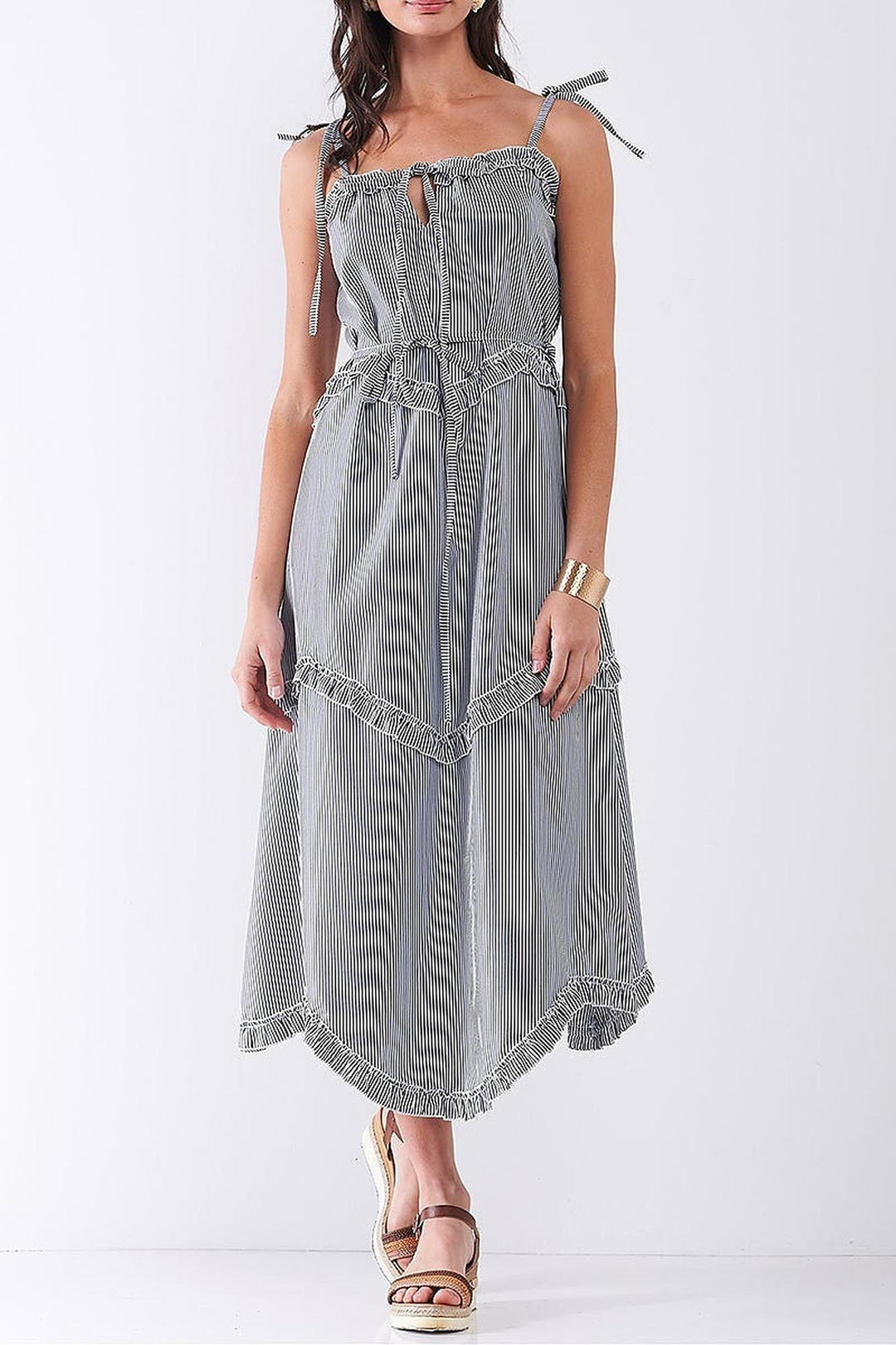 Wholesale Ruffle Accent Striped Tie String Wavy Hem Rayon Midi Dress