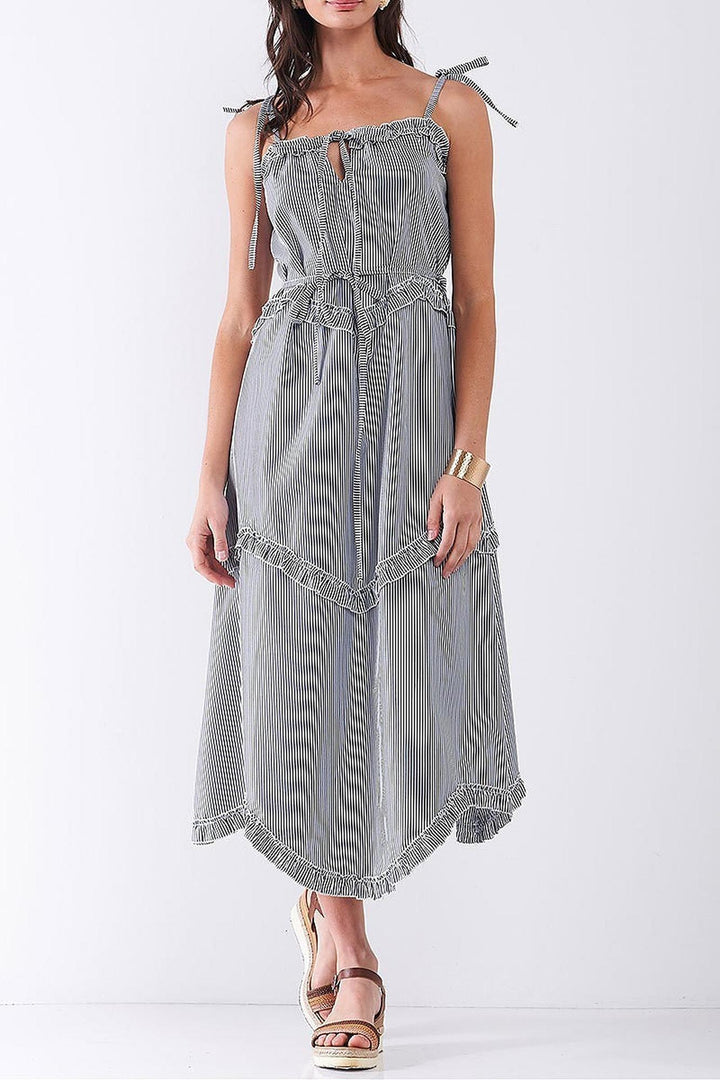 Wholesale Ruffle Accent Striped Tie String Wavy Hem Rayon Midi Dress