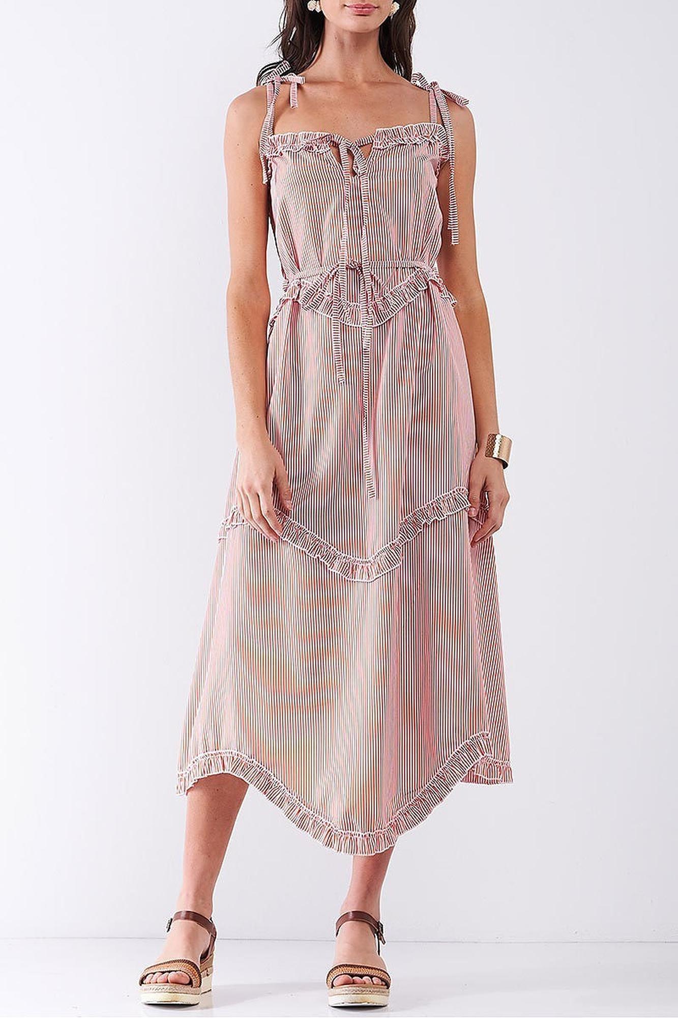 Wholesale Ruffle Accent Striped Tie String Wavy Hem Rayon Midi Dress