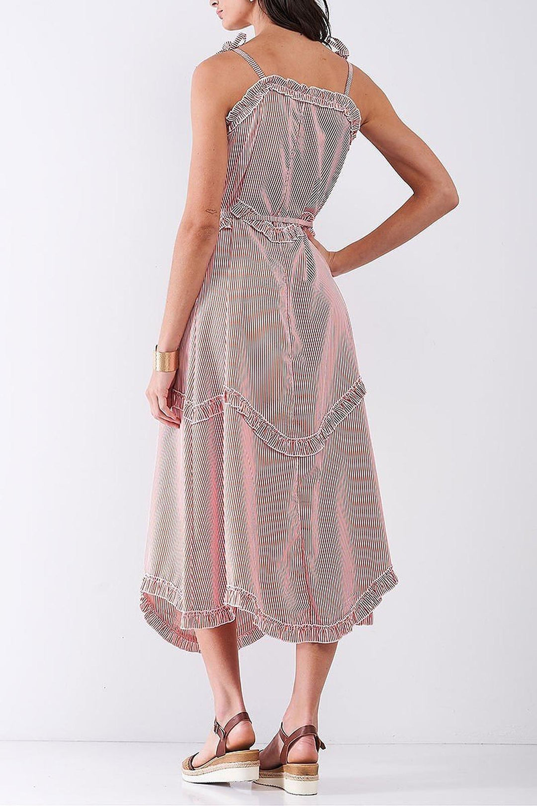Wholesale Ruffle Accent Striped Tie String Wavy Hem Rayon Midi Dress