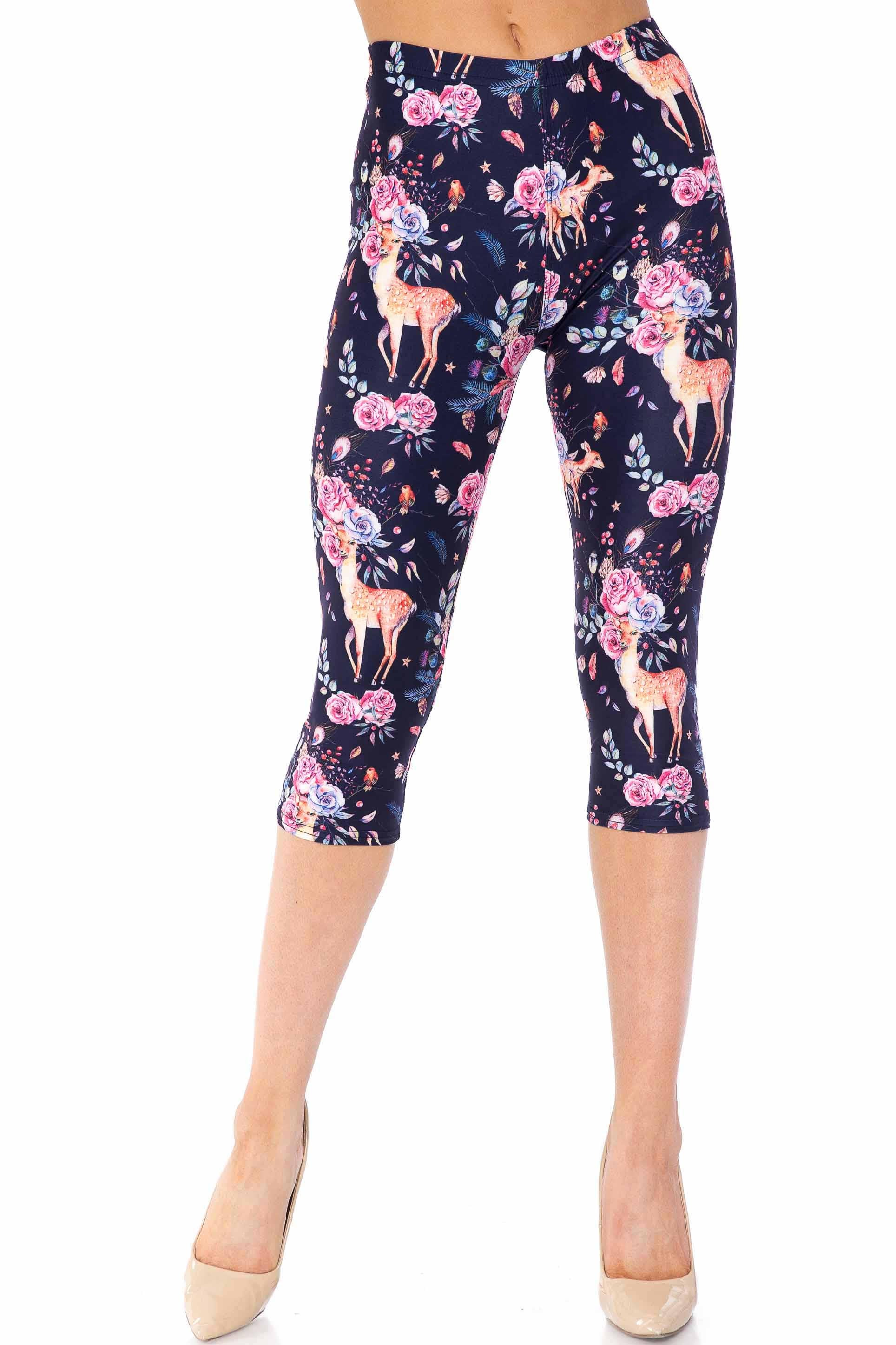 Wholesale Creamy Soft Woodland Floral Fawn Extra Plus Size Capris - 3X-5X - USA Fashion