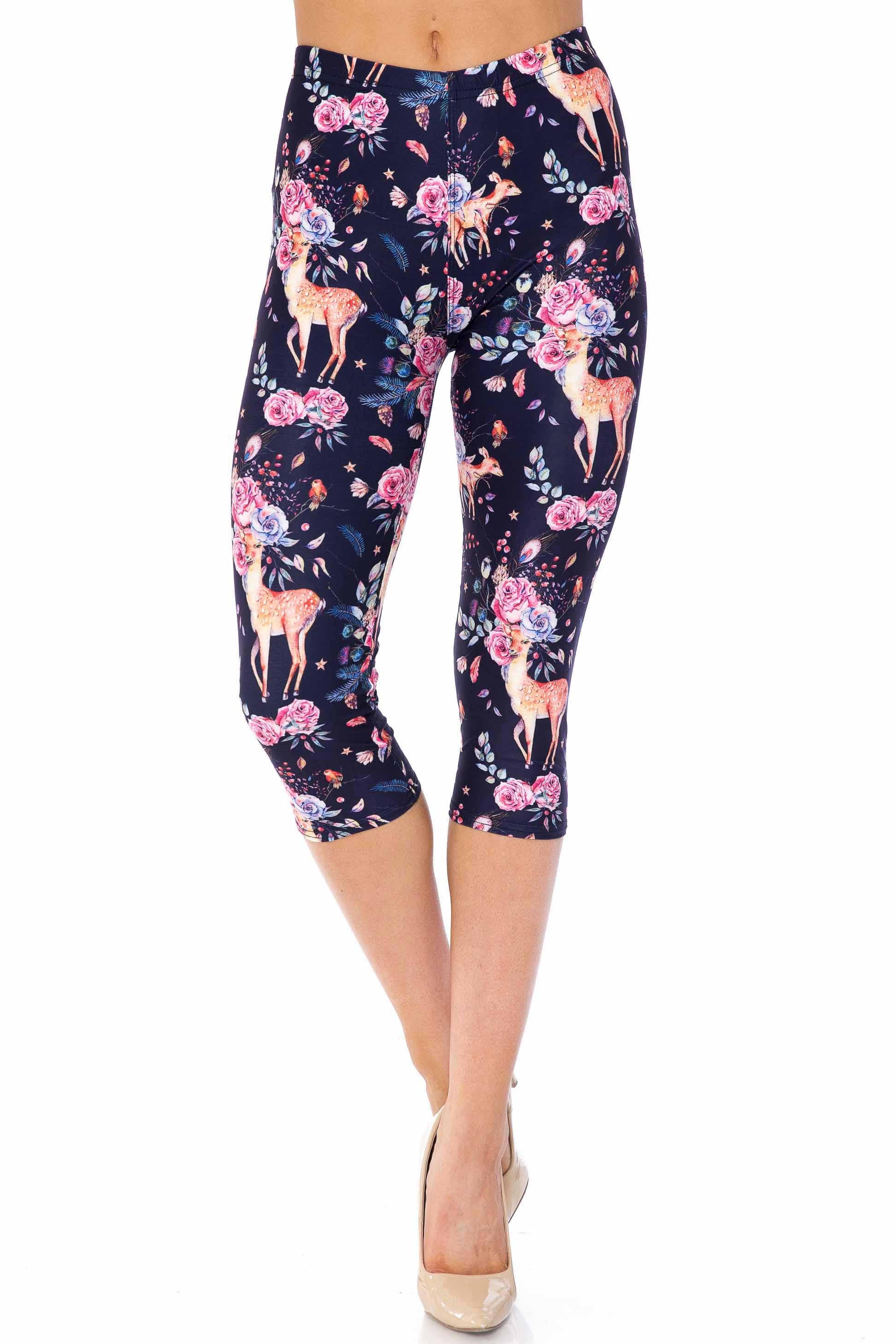 Wholesale Creamy Soft Woodland Floral Fawn Extra Plus Size Capris - 3X-5X - USA Fashion
