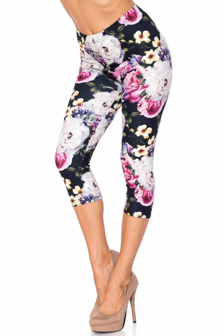 Wholesale Creamy Soft Floral Garden Bouquet Extra Plus Size Capris - 3X-5X - USA Fashion