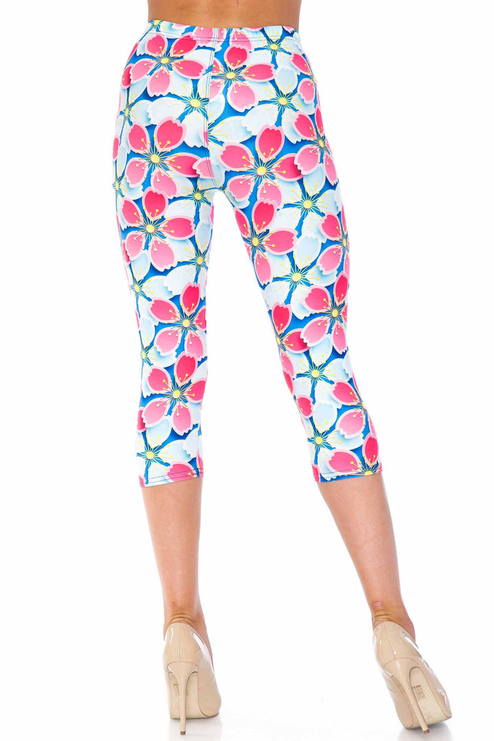 Wholesale Creamy Soft Pink and Blue Sunshine Floral Extra Plus Size Capris - 3X-5X - USA Fashion
