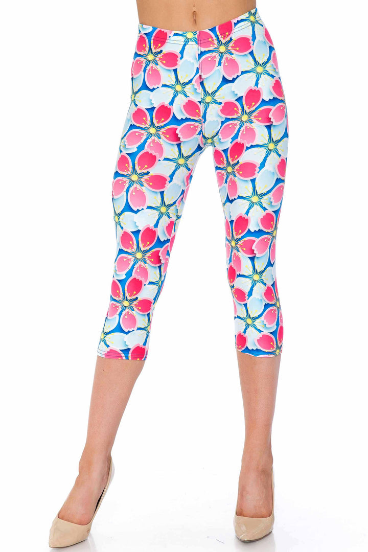 Wholesale Creamy Soft Pink and Blue Sunshine Floral Extra Plus Size Capris - 3X-5X - USA Fashion