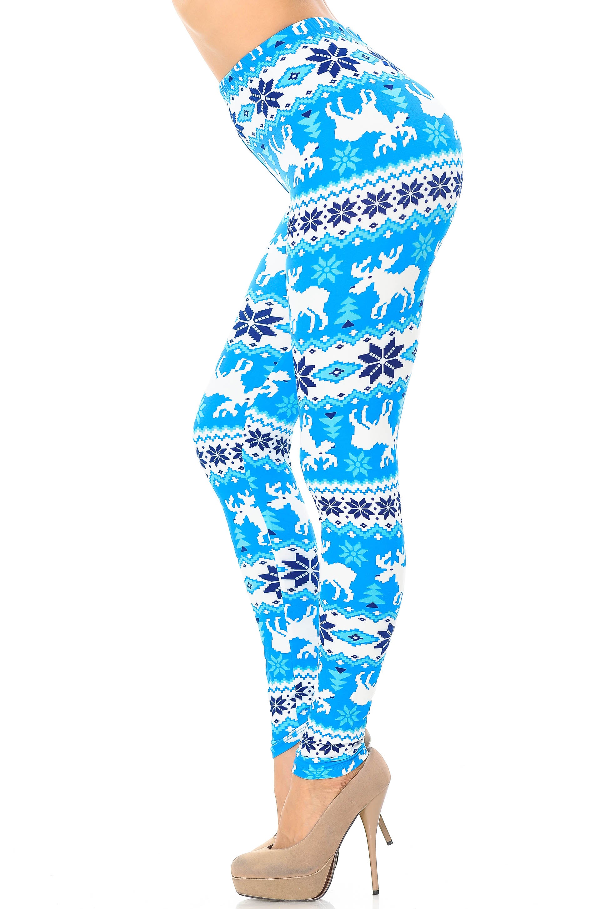 Wholesale Buttery Smooth Icy Blue Christmas Reindeer Extra Plus Size Leggings - 3X-5X