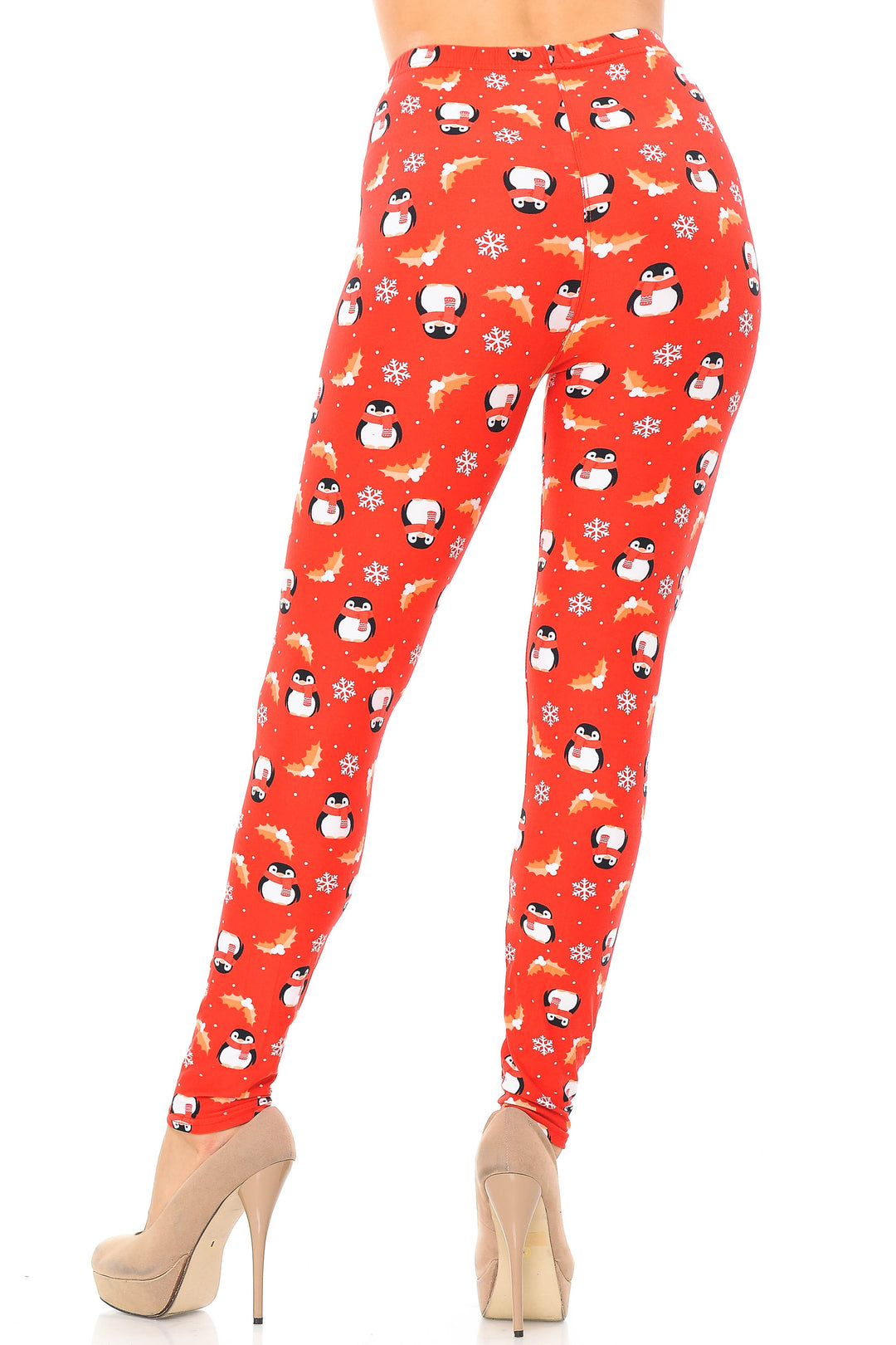 Wholesale Buttery Smooth Ruby Red Penguins Mistletoe and Snowflake Extra Plus Size Leggings - 3X-5X