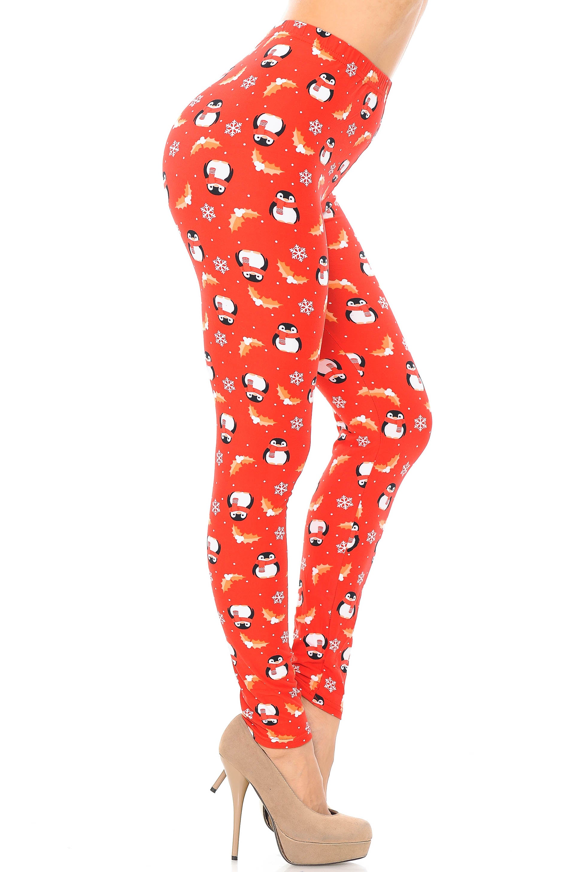 Wholesale Buttery Smooth Ruby Red Penguins Mistletoe and Snowflake Extra Plus Size Leggings - 3X-5X
