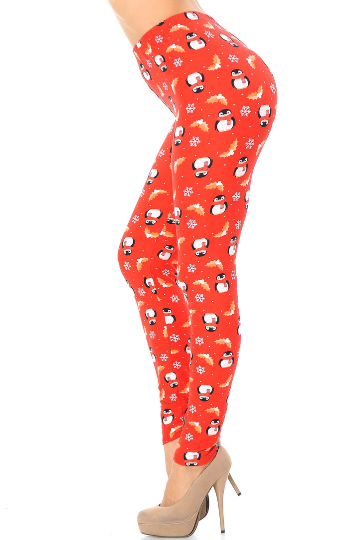 Wholesale Buttery Smooth Ruby Red Penguins Mistletoe and Snowflake Extra Plus Size Leggings - 3X-5X