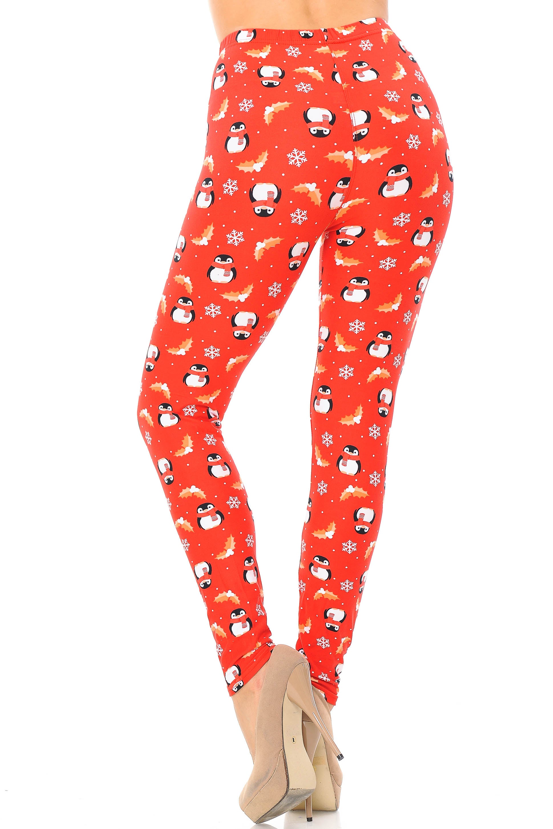 Wholesale Buttery Smooth Ruby Red Penguins Mistletoe and Snowflake Extra Plus Size Leggings - 3X-5X