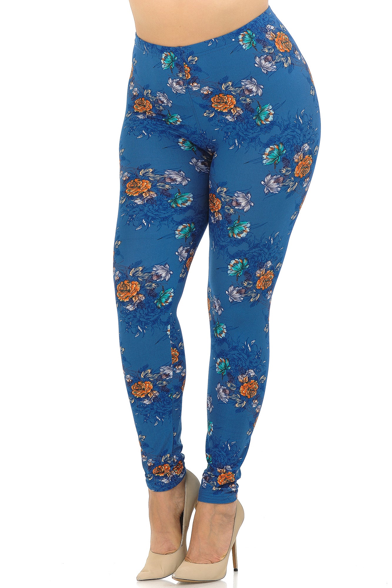 Wholesale Buttery Smooth Denim Blue Floral Rose Extra Plus Size Leggings - 3X-5X