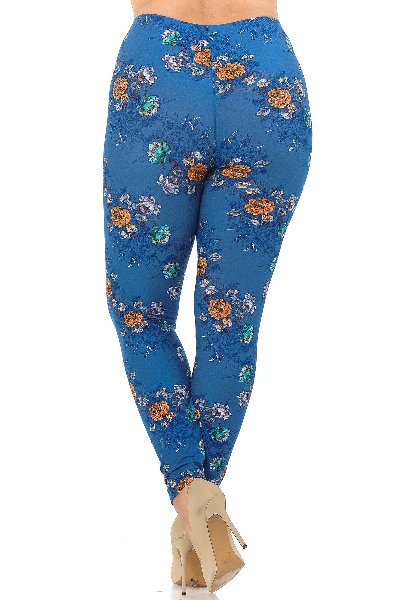 Wholesale Buttery Smooth Denim Blue Floral Rose Extra Plus Size Leggings - 3X-5X