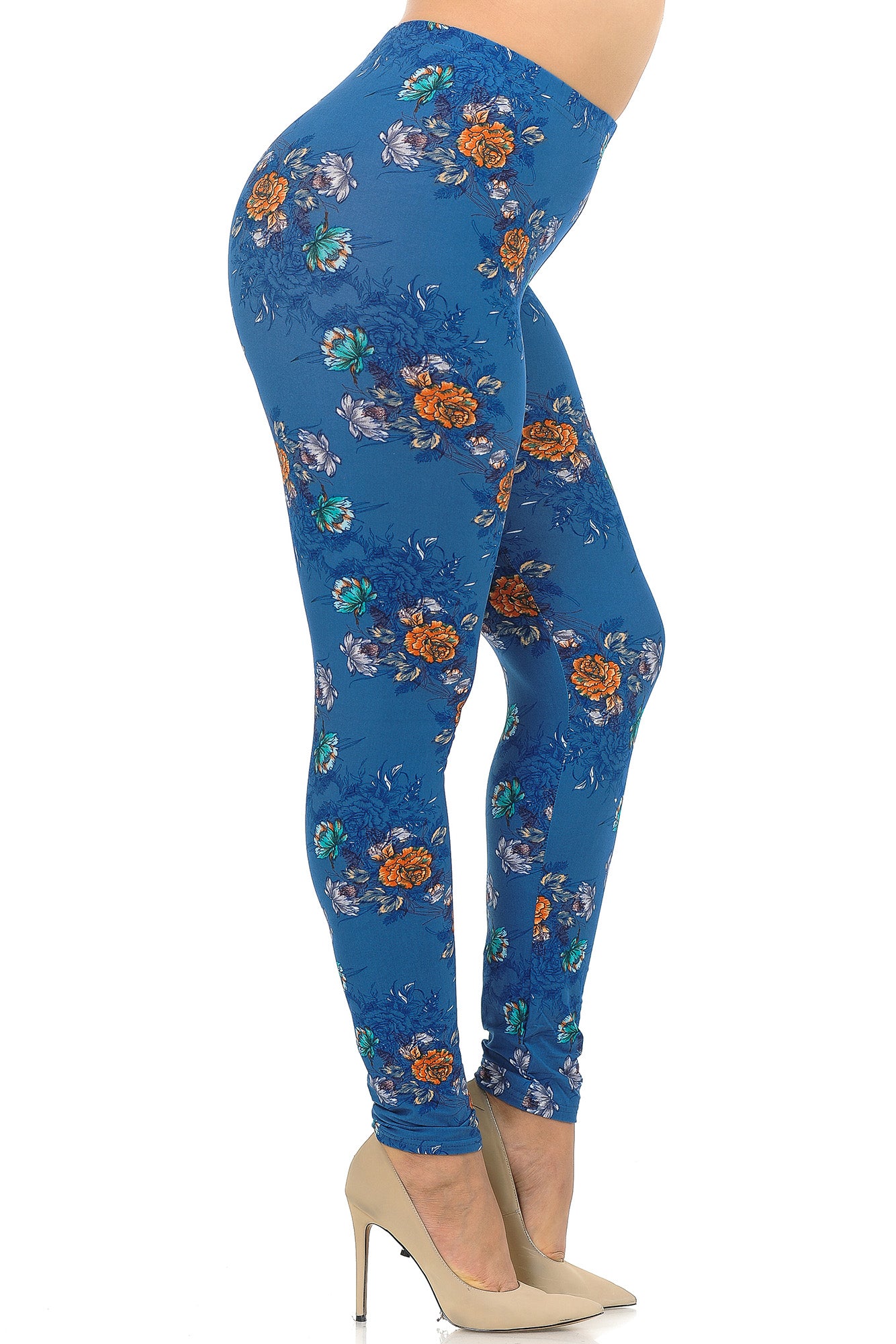 Wholesale Buttery Smooth Denim Blue Floral Rose Extra Plus Size Leggings - 3X-5X