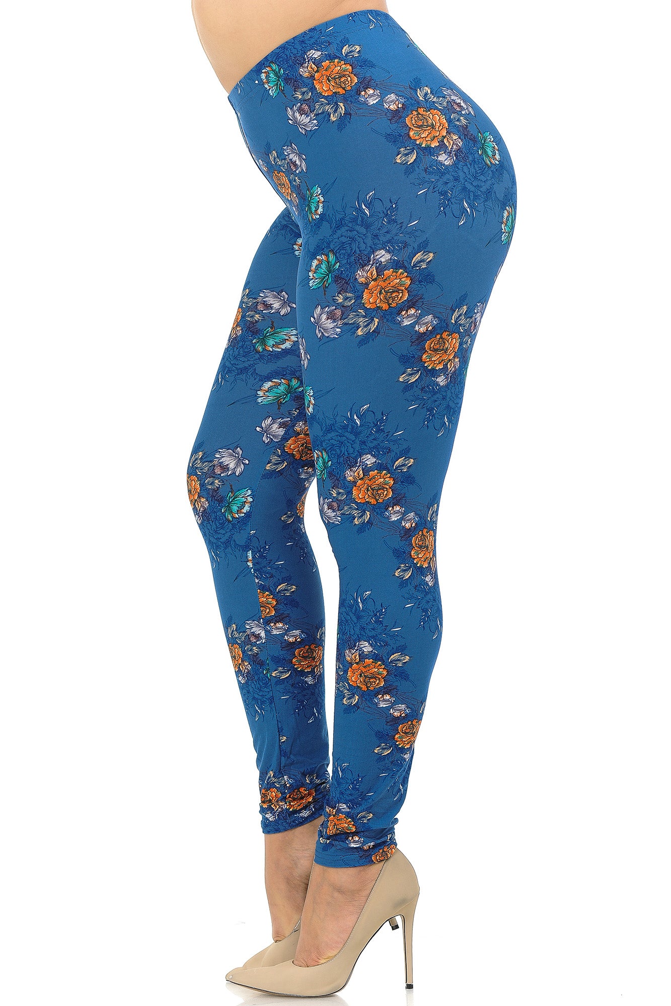 Wholesale Buttery Smooth Denim Blue Floral Rose Extra Plus Size Leggings - 3X-5X