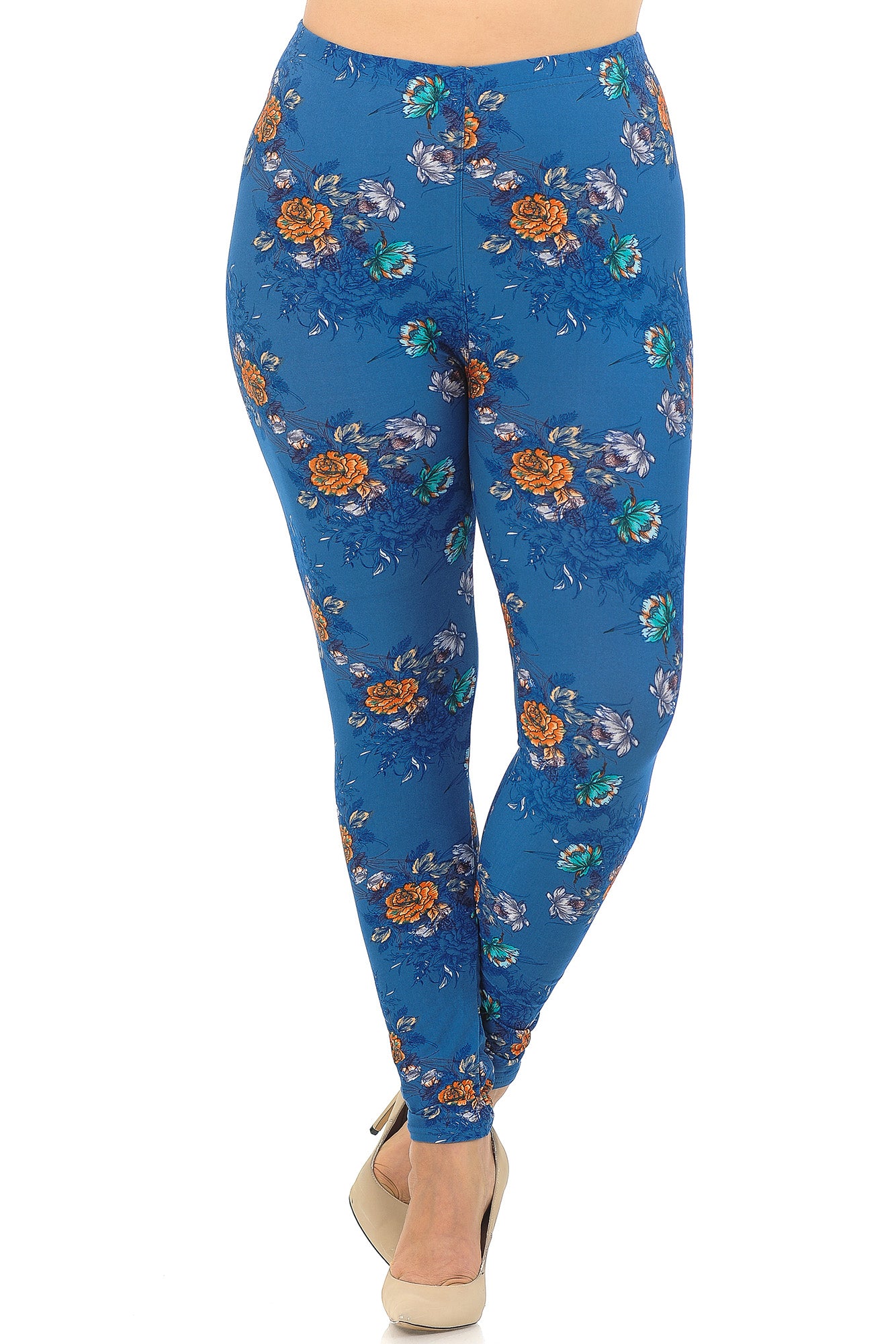Wholesale Buttery Smooth Denim Blue Floral Rose Extra Plus Size Leggings - 3X-5X