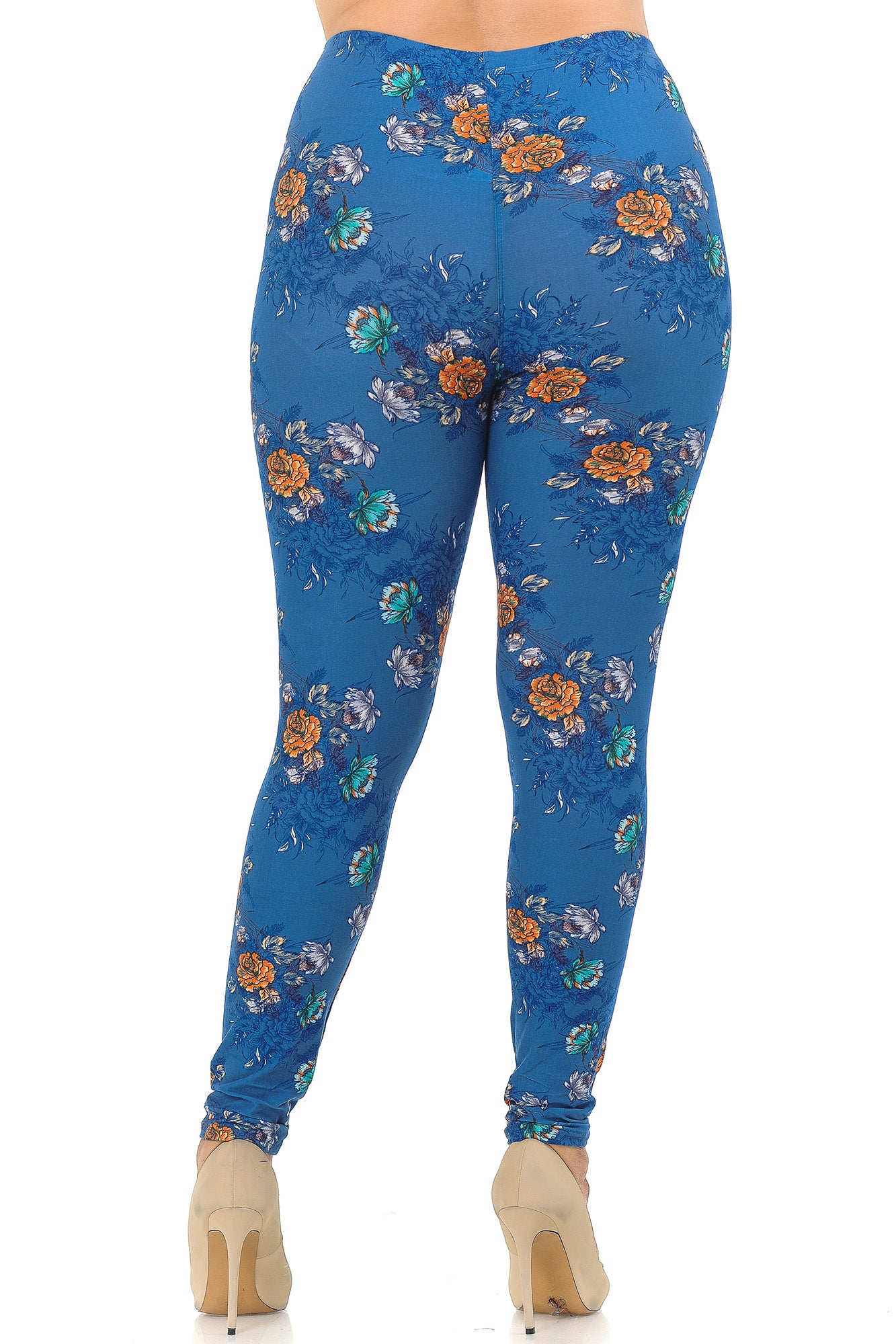 Wholesale Buttery Smooth Denim Blue Floral Rose Extra Plus Size Leggings - 3X-5X