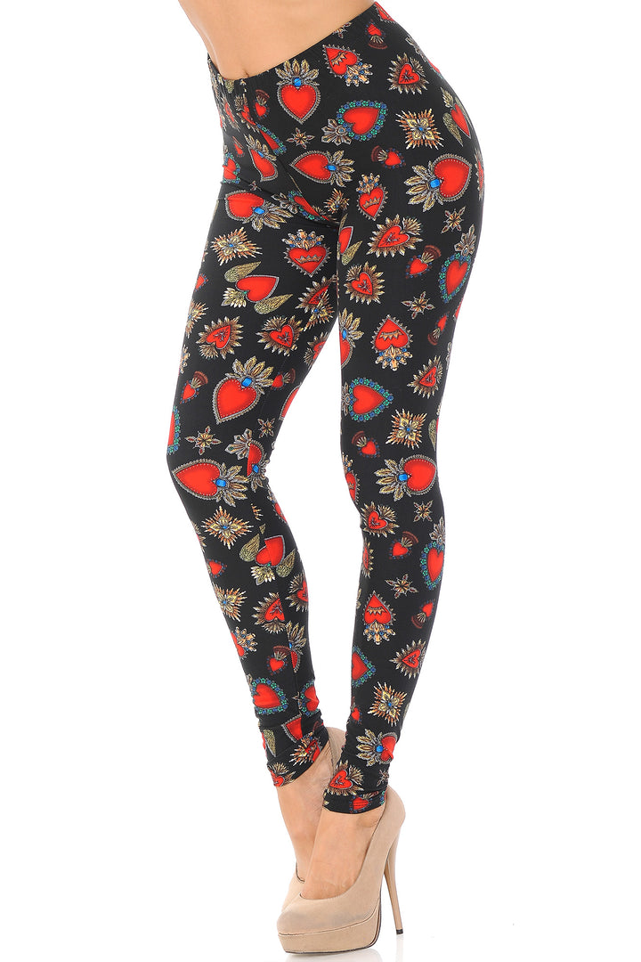 Wholesale Buttery Smooth Jeweled Hearts Extra Plus Size Leggings - 3X-5X