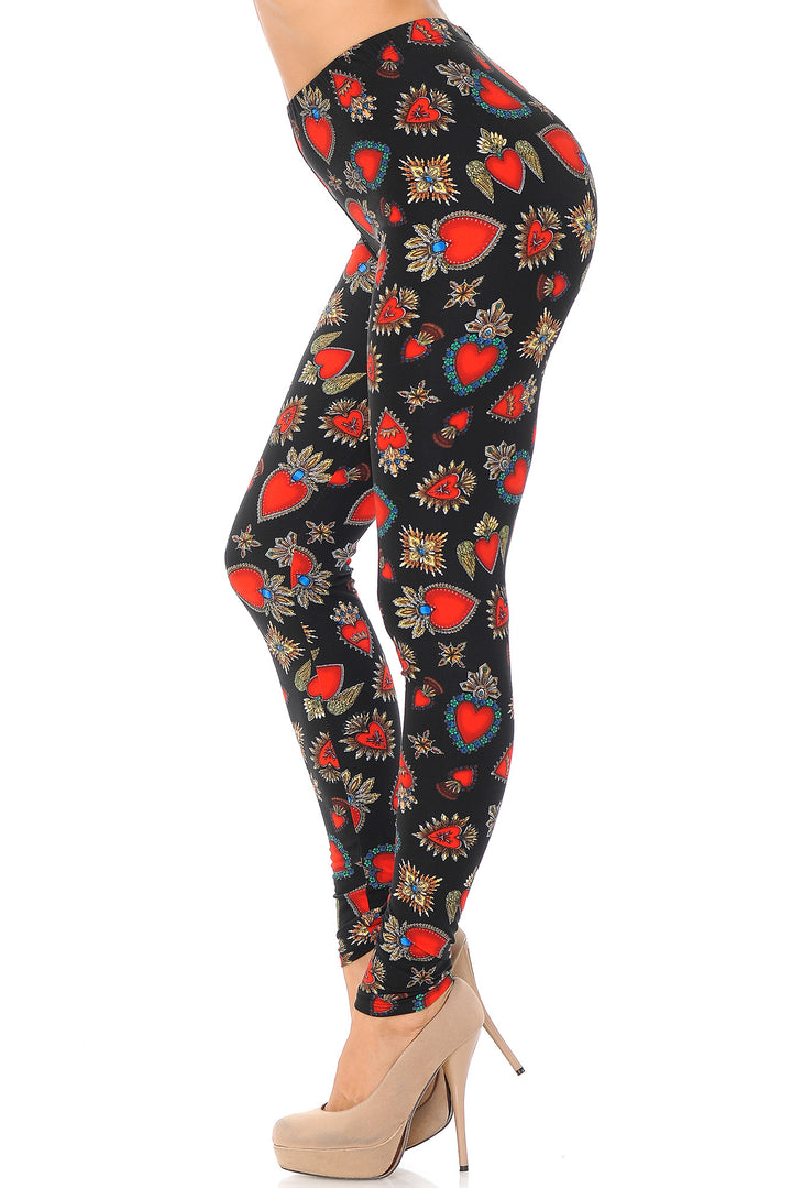 Wholesale Buttery Smooth Jeweled Hearts Extra Plus Size Leggings - 3X-5X