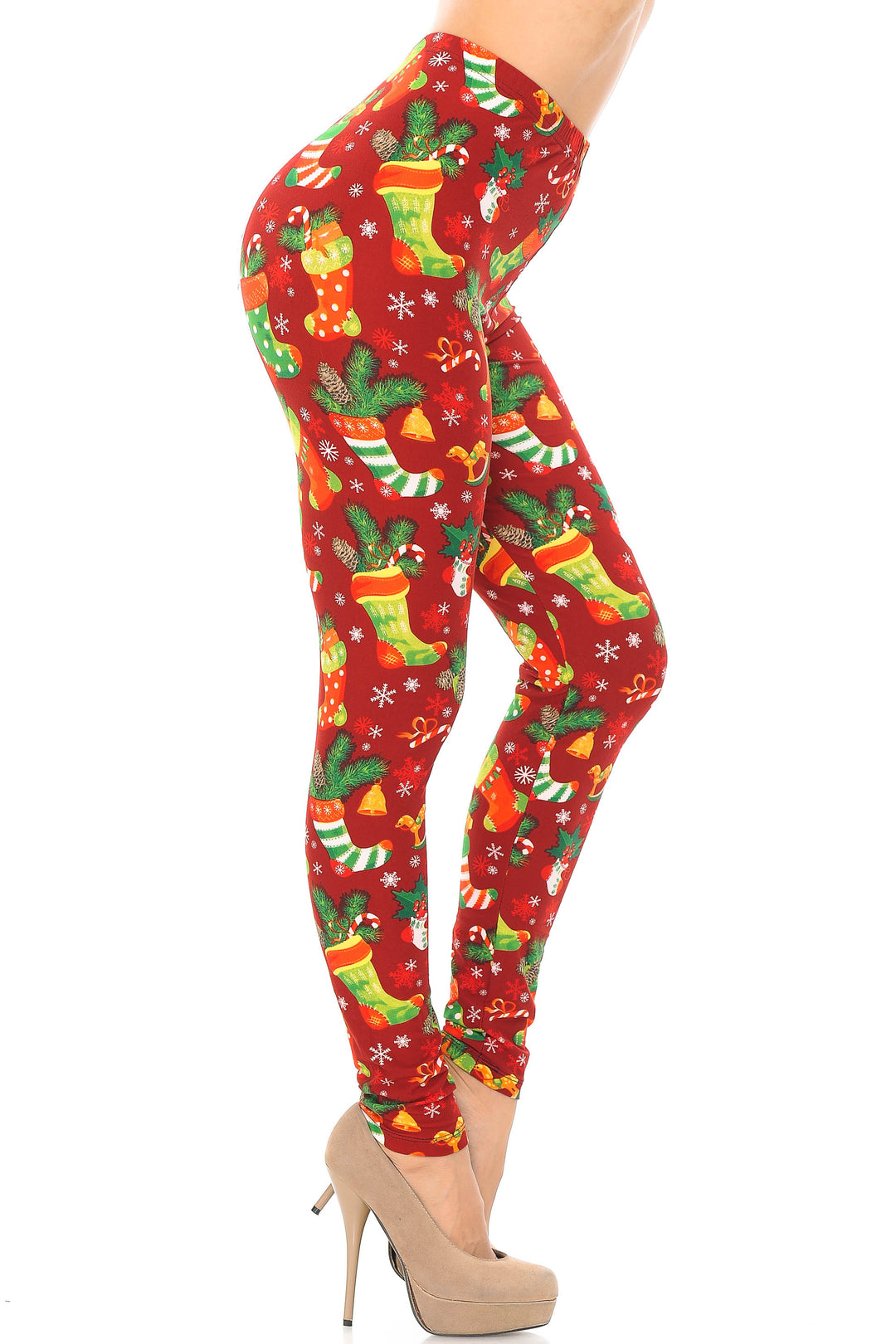Wholesale Buttery Smooth Ruby Red Christmas Stocking Extra Plus Size Leggings - 3X-5X