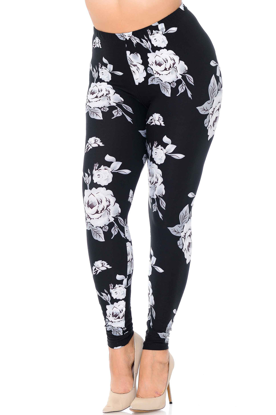 Wholesale Buttery Smooth Jumbo White Rose Extra Plus Size Leggings - 3X - 5X