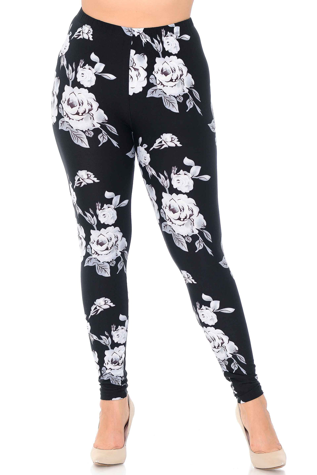 Wholesale Buttery Smooth Jumbo White Rose Extra Plus Size Leggings - 3X - 5X