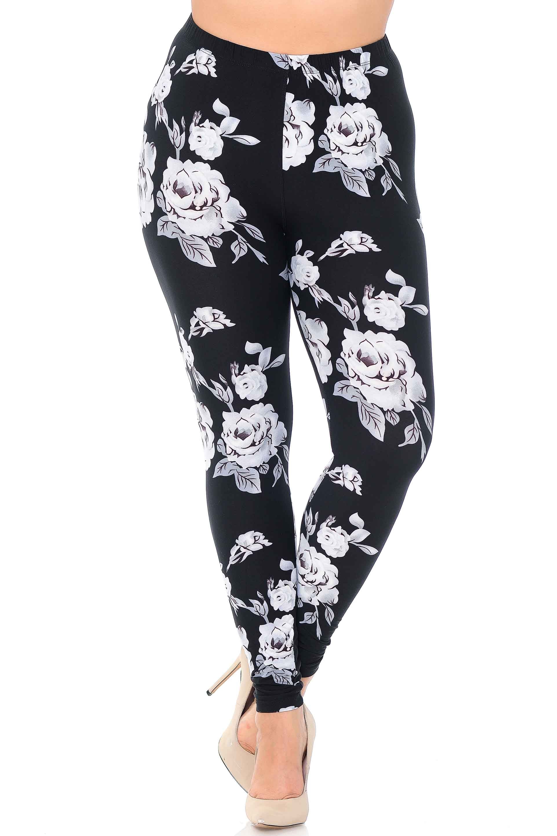 Wholesale Buttery Smooth Jumbo White Rose Extra Plus Size Leggings - 3X - 5X