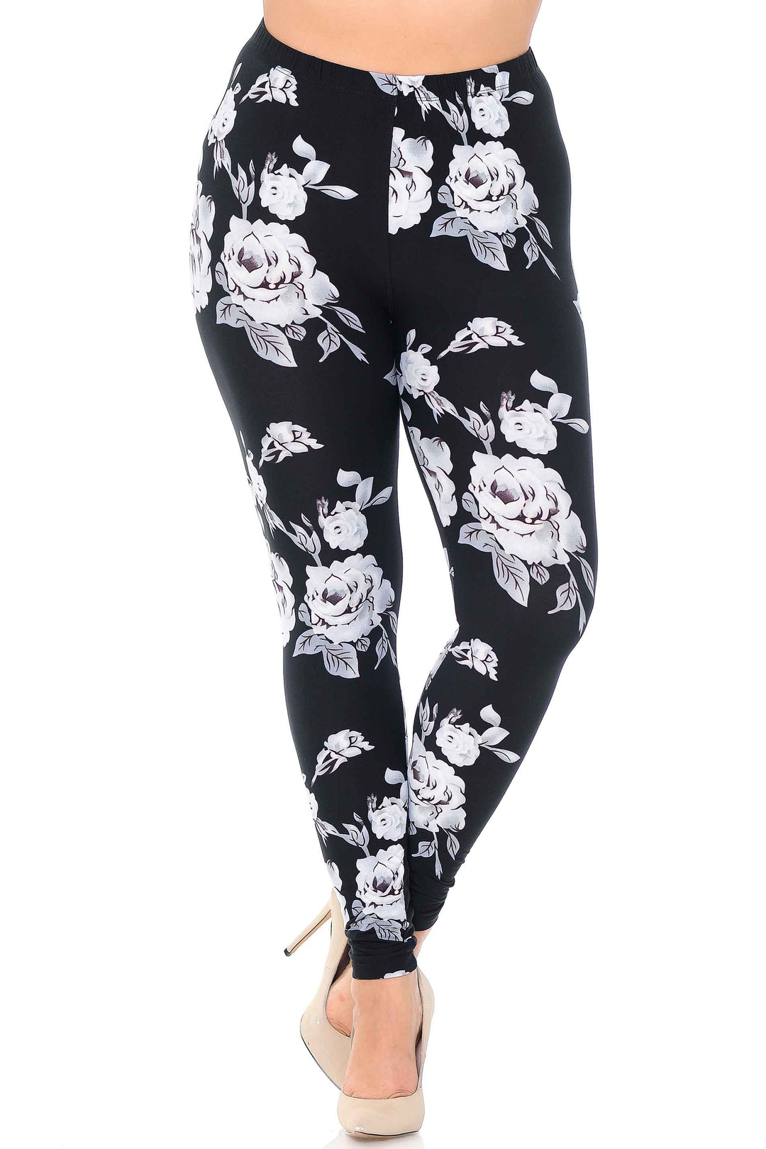 Wholesale Buttery Smooth Jumbo White Rose Extra Plus Size Leggings - 3X - 5X