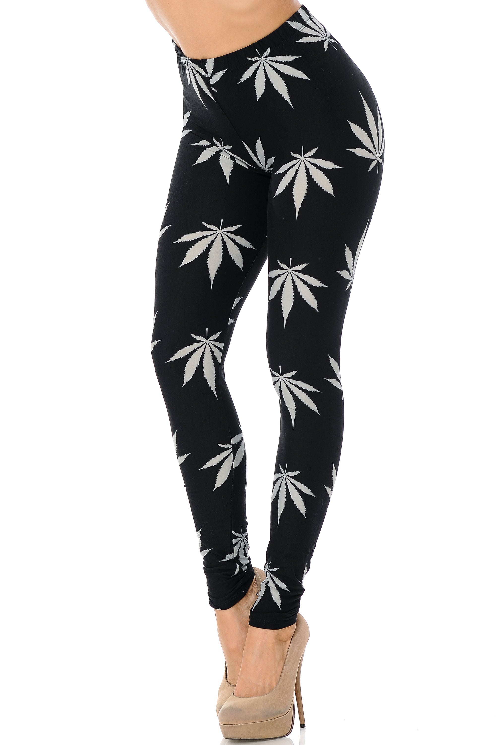 Wholesale Buttery Smooth Black Marijuana Extra Plus Size Leggings - 3X-5X