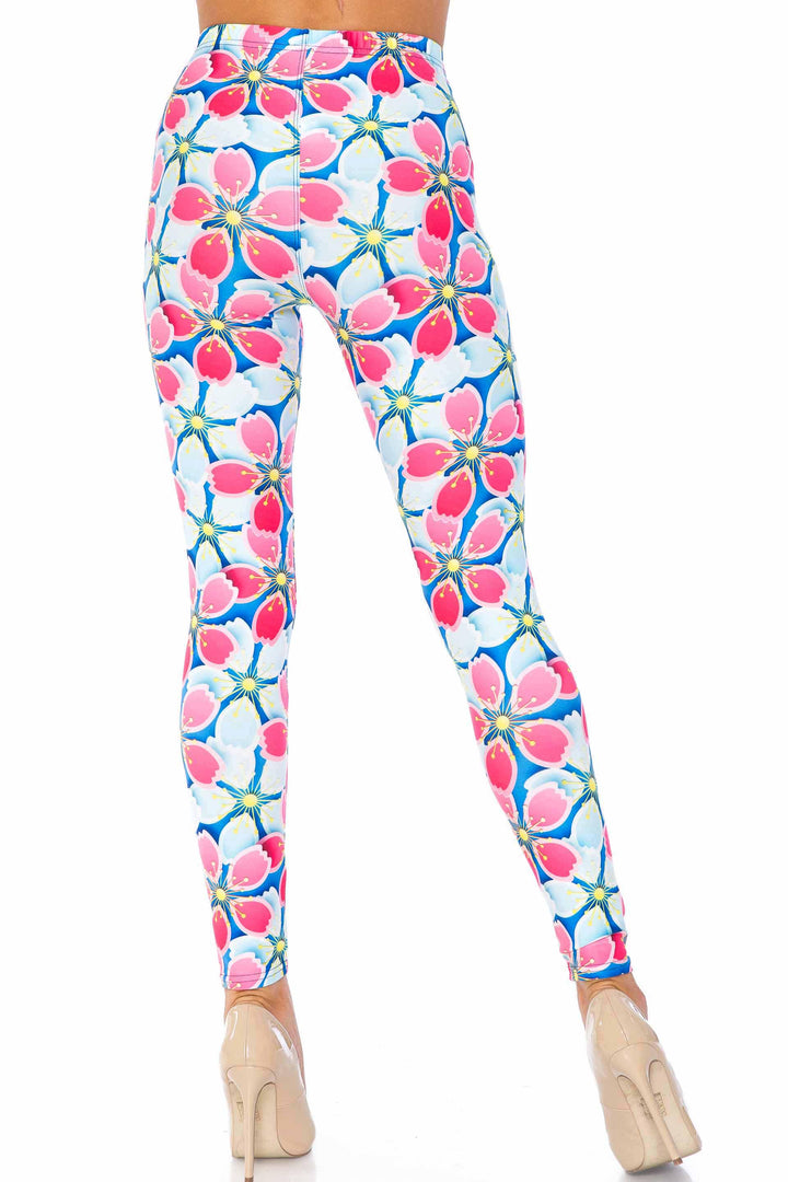 Wholesale Creamy Soft Pink and Blue Sunshine Floral Extra Plus Size Leggings - 3X-5X - USA Fashion