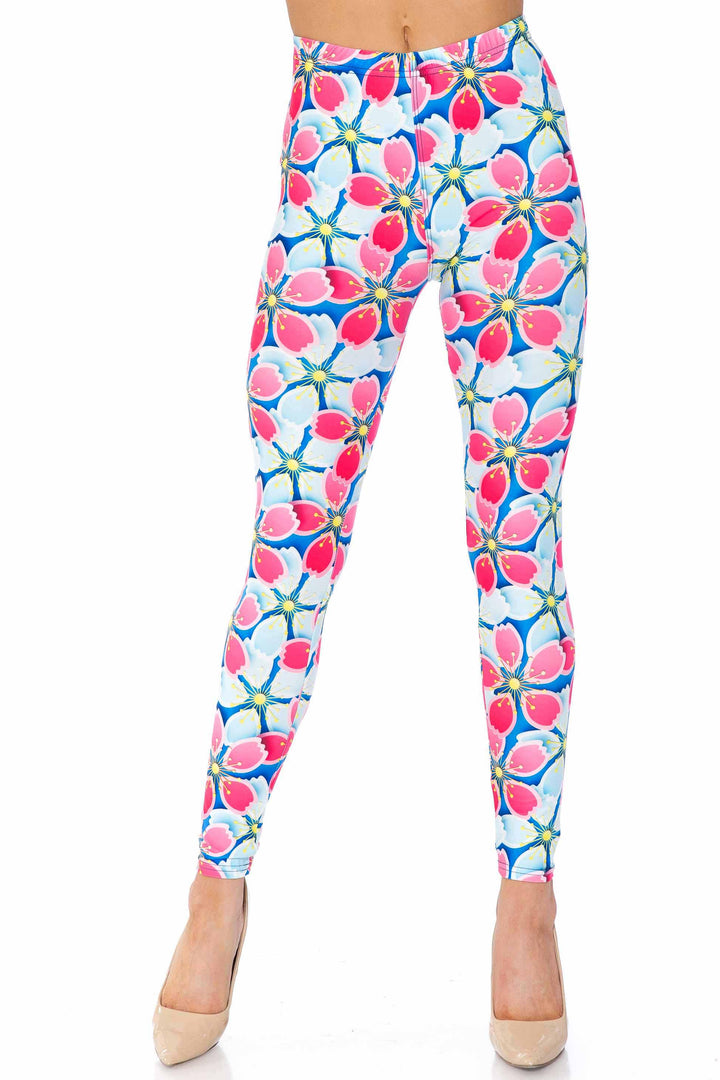 Wholesale Creamy Soft Pink and Blue Sunshine Floral Extra Plus Size Leggings - 3X-5X - USA Fashion